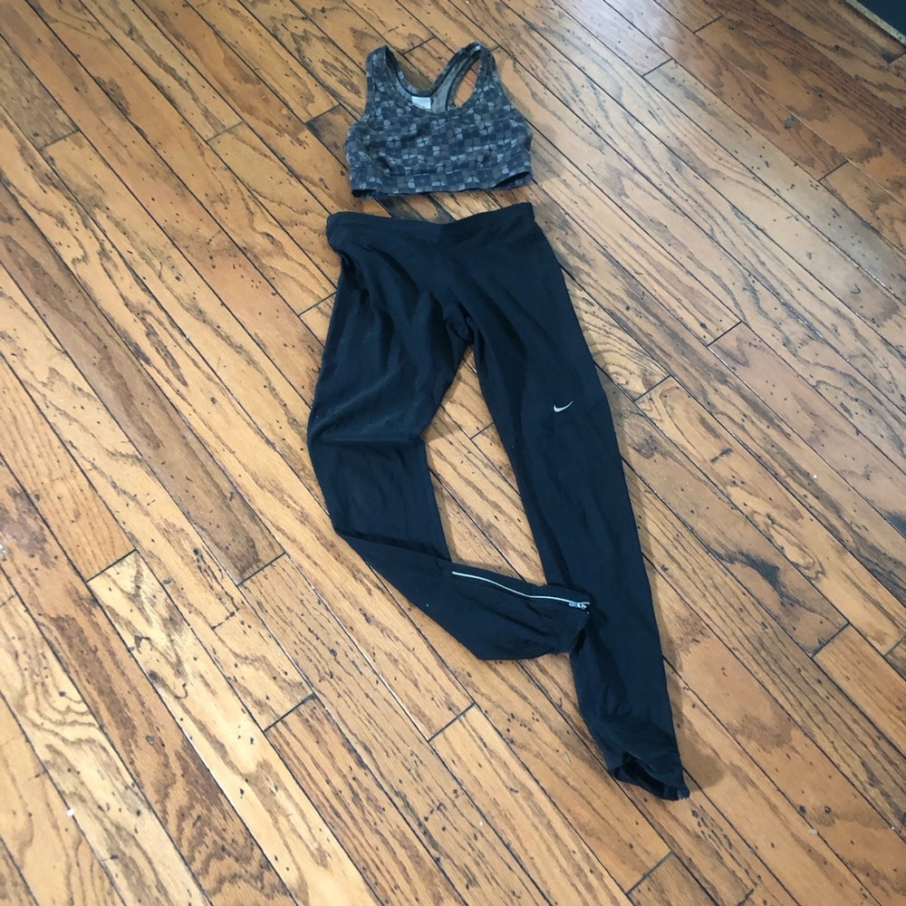 Nike Set Women's Black/Gray sz small reflector & zipper leg leggings & bra top